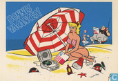 Bonnes vacances! Parasol sur plage paisible