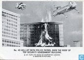 Heli-jet with police patrol over the roof of top security government building.