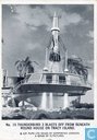 Thunderbird 3 blasts off from beneath round house on Tracy Island.