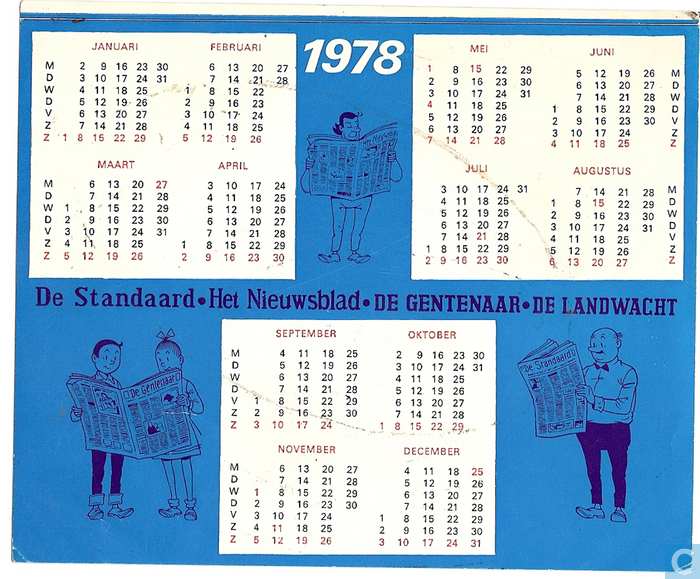  Kalender sticker 1978 Suske en Wiske Het Nieuwsblad 