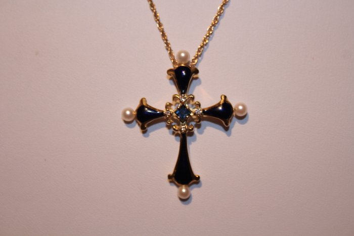 Igor Carl Fabergé Saffierenes Mitternacht Kreuz an goldener Kette