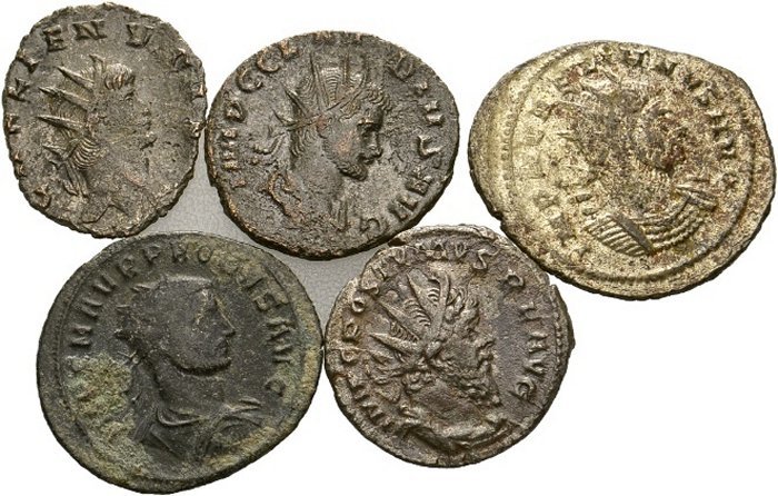 Romeinse Rijk - 5 verschillende Antoniniani van Soldatenkeizers - 3e ...