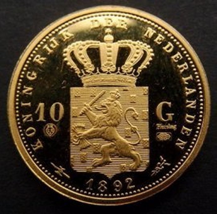 Nederland - 10 gulden 1892 Wilhelmina, officiële herslag goud