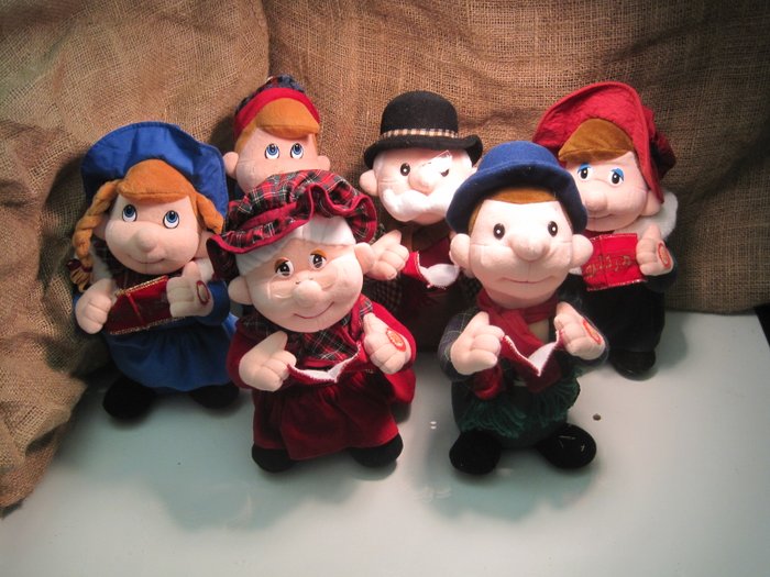 Six singing fabric Dickensian Christmas dolls - late 20th century