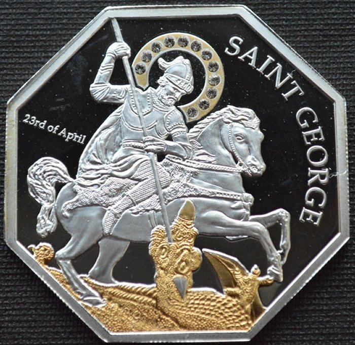 Cook Islands - 5 Dollar 2008 "St. George Slaying Dragon" gold on silver, with 12 Swarovski crystals 