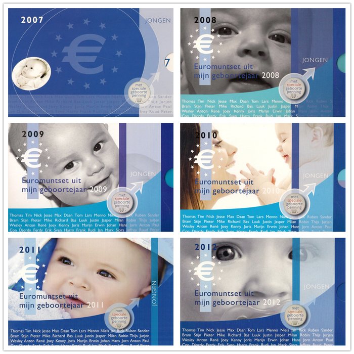 Pays-Bas. Year Set 2007/2012 BU "Babysets jongen" met penning (6 verschillende)