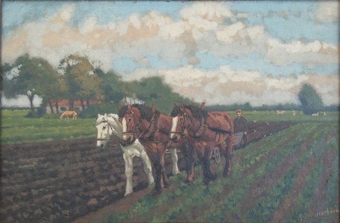 Gijsbertus Johannes van Overbeek (1882-1947) - Horses Plowing