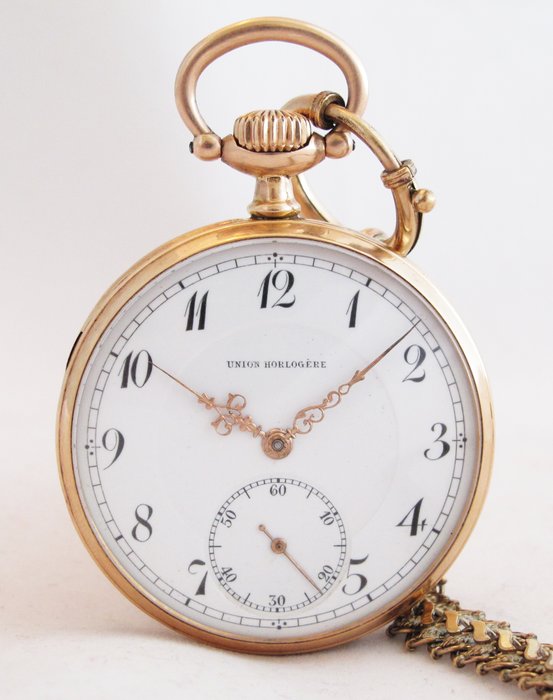 Antique 14K Solid Gold Men's Union Horlogère Pocket Watch 