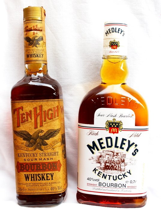 2 old bottles Kentucky Bourbon Whiskey: Medleys Whiskey & Ten High Kentucky Straight Bourbon Whiskey