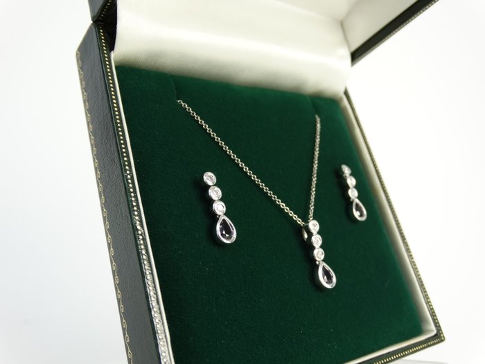 Ernest Jones jewellery set - necklace with white gold pendant and earrings with sapphire and diamonds 