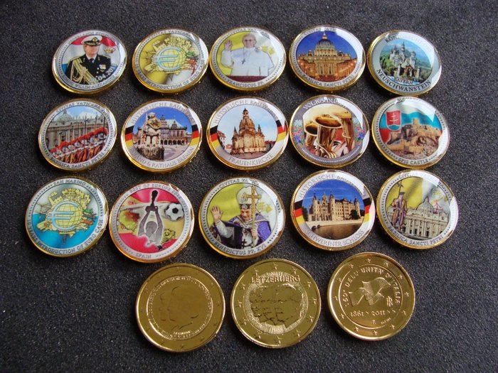 Europa -  2 Euromunten uit diverse landen (18 verschillende) gekleurd