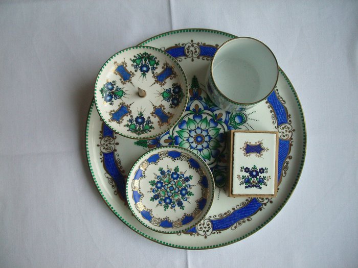 Antique Austrian Arta Enameled Porcelain Smoking Tray Set Of 3 Pieces Marked 6\u201d x 4\u201d