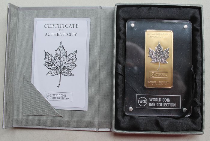 Gabon. 1000 Francs 2013 - World Coin Bar " Maple Leaf"- 24k Gold Plated - 1 Oz