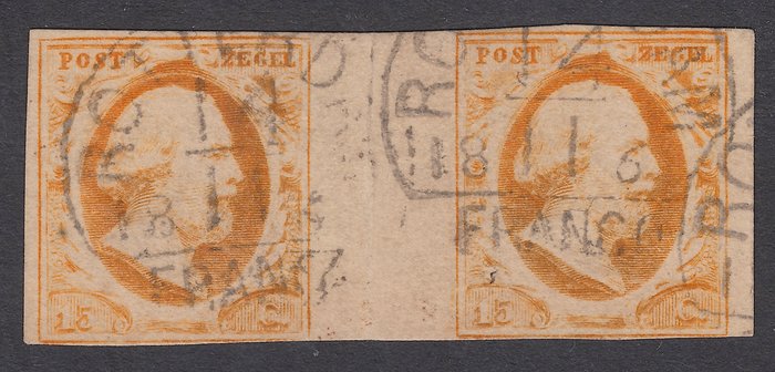 The Netherlands – King Willem III first issue – NVPH 3 in gutterpair, with certificate of inspection
