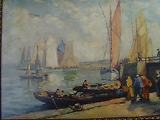 J.Pritsch - Hustle and bustle on the wharf with people and various boats