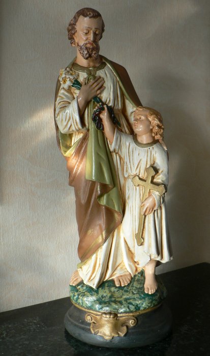 Statue of saint - plaster - St Joseph with the Child Jesus - early 20th century  - Flanders, Belgium