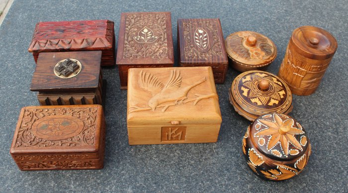 Ten Hand Carved Small Wooden Boxes, Hand Carved Wooden Boxes