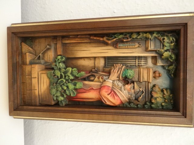Carved wooden relief picture of ANRI  South -Tyrol 20. Spitzweg Motif - The cactus friend