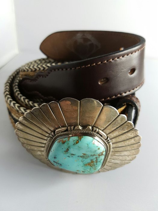 Navajo, Native American, horsehair belt with a silver buckle and very rare turquoise (Carico Lake) – handmade by master J. Nelson.
