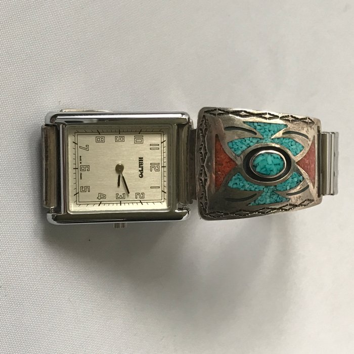 Navajo men's watch from Harpo, Paris - With very rare turquoise, red coral and onyx mosaic - Unworn.