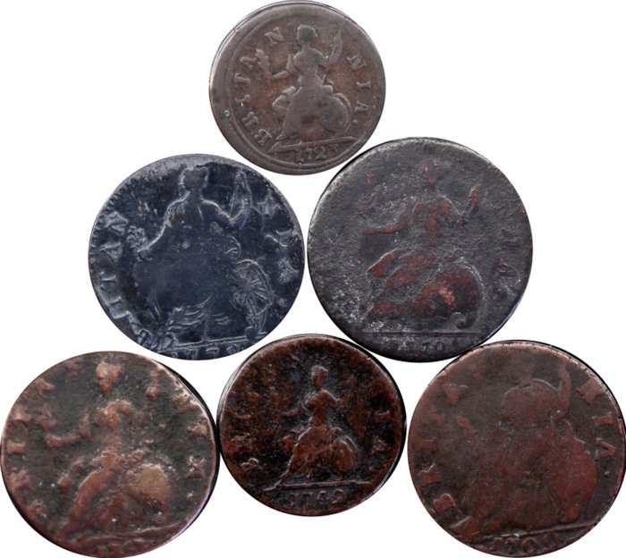 United Kingdom - Old copper coins 1700-1770 (six coins total)