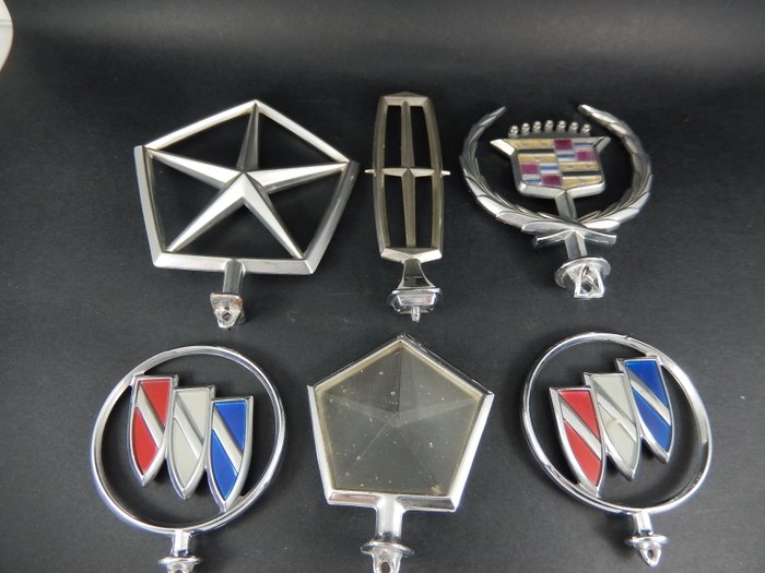 Vintage USA Chrome Hood Ornaments Mascots including Chrysler, Cadillac, Lincoln and Buick examples