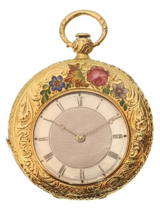 J.F. Relógio de bolso Bautte & Ce, em ouro e prata, com deslumbrantes gravações e flores esmaltadas – Suíça – 1860
