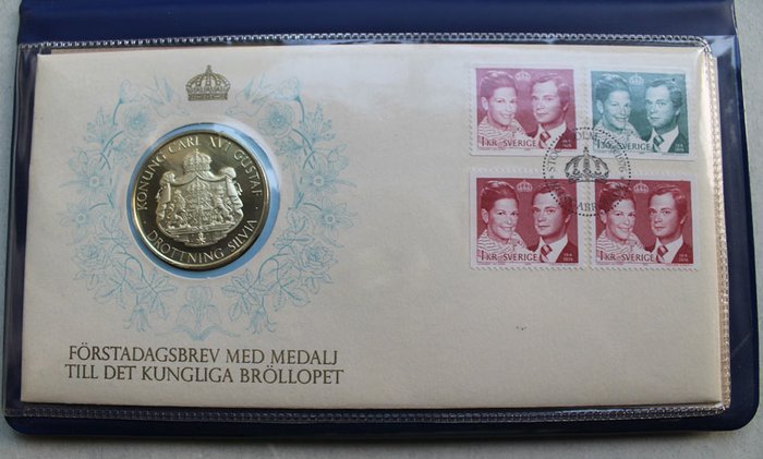 Medal FDC - Royal Wedding in 1976 in Sweden - silver medal and special stamps