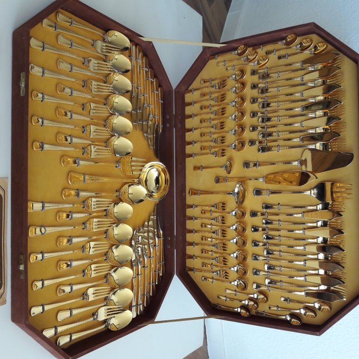 Solingen 104 teiliges PLANETA - Luxus-Goldbesteck "Berlin" 23/24 Karat hartvergoldet in Originalbox