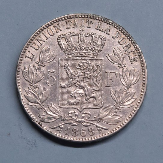 Belgium 5 Francs 1868 (position B) Leopold II – silver