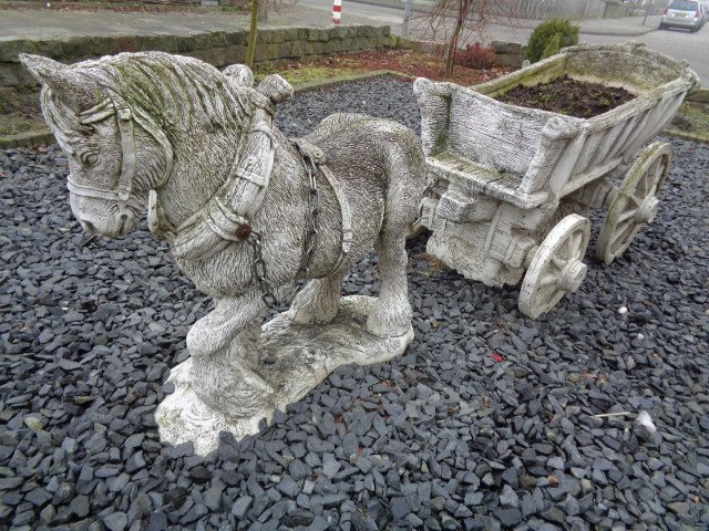 Large solid concrete garden statue of horse with cart, 2nd half 20th century.