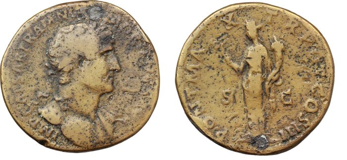Roman Empire – Emperor Hadrian (117-138), Sesterce made from golden-colored bronze alloy known as 'orichalcum'.