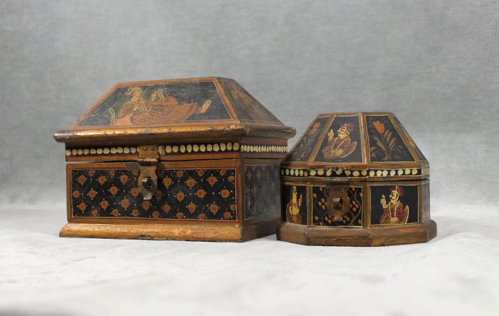 Pair Of Indian Hand Painted Wooden, Hand Painted Wooden Boxes India