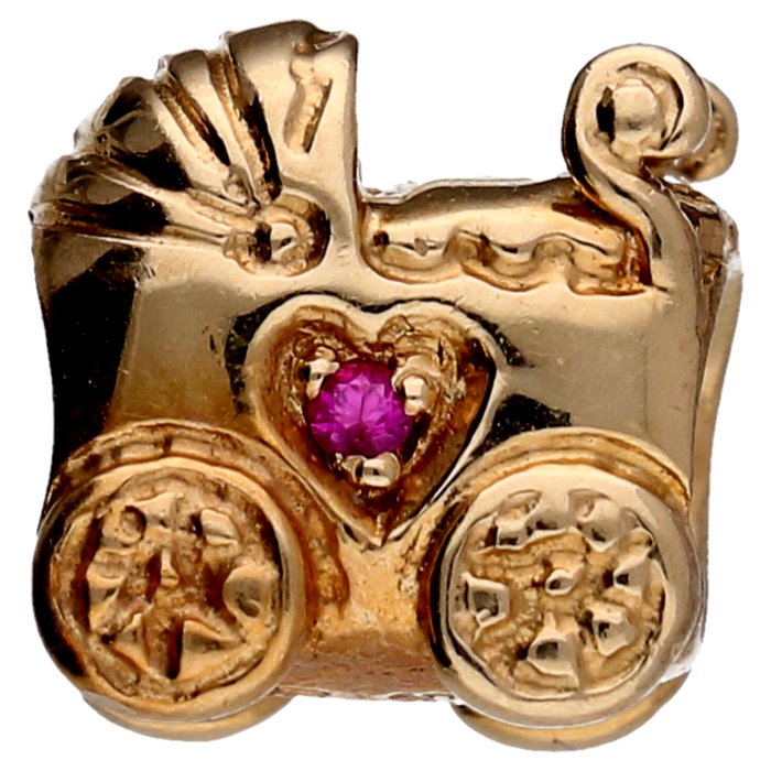 Pandora - yellow gold Pandora charm pram set with pink sapphire