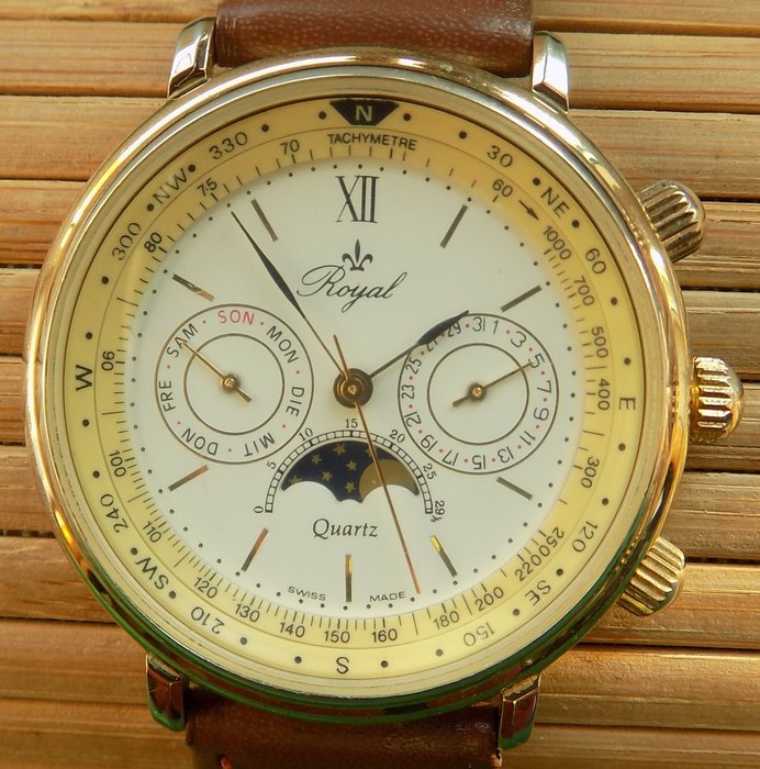 ROYAL SWISS 23379 Mondphasen Calendarium -- Herren Armbanduhr aus den 80er Jahren