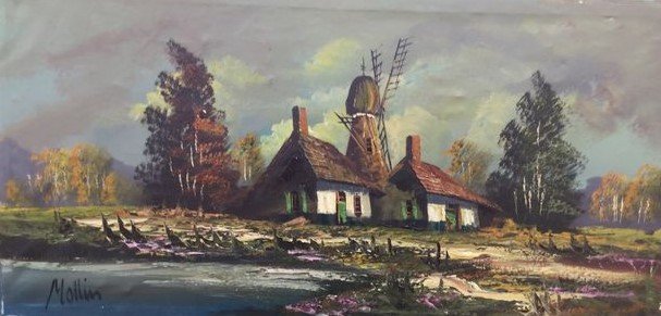 Karl Mollin (1880- ) - Paysage avec fermes et moulin à vent