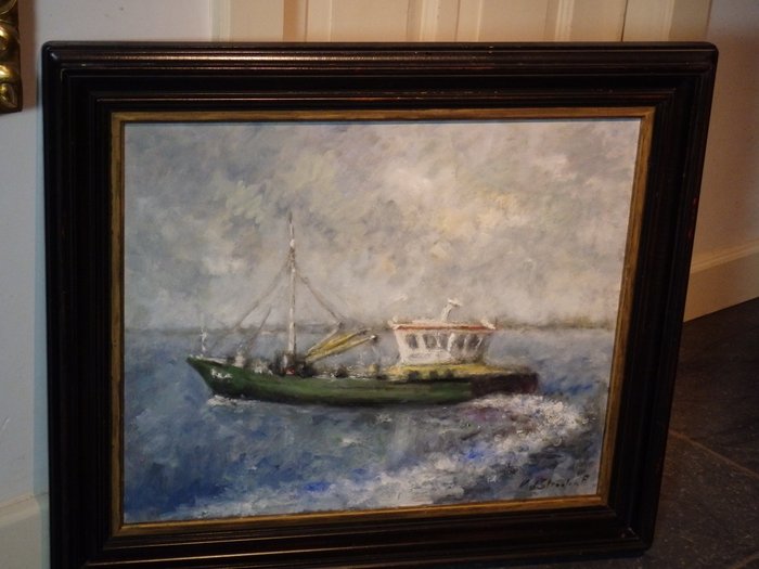 F Vd Straaten 20th Century Marine Painting Boat On The