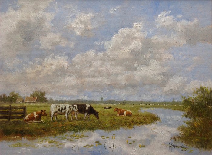 Albertus J. Temming (1942-) - "Koetjes in Hollands Landscape" (Dutch Landscape with Cows)