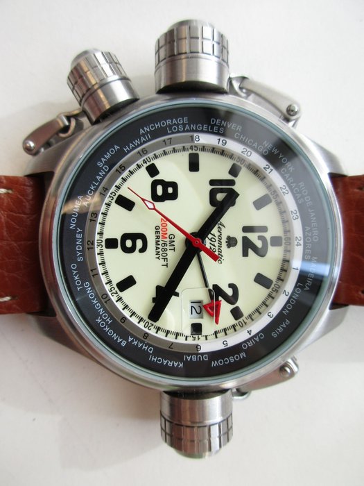 Aeromatic 1912 large German steel GMT watch – unworn – around 2010