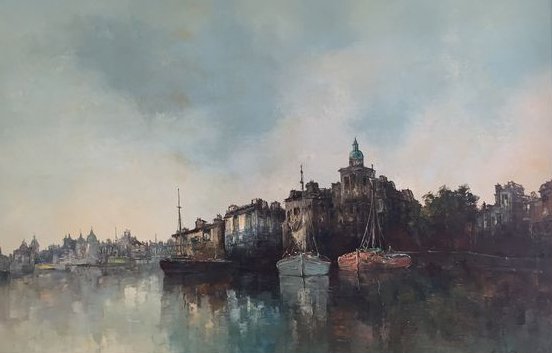 Roel Dozeman (1924-1988) -  Lake with Boats and City in Background