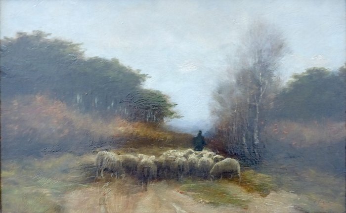 Elias Stark (1849-1933) - Heath Landscape, Shepherd with Flock of Sheep