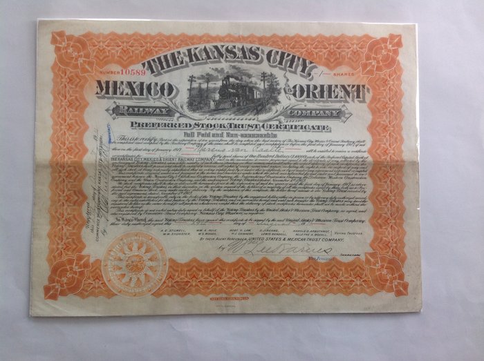 Mexico and Orient Railway Company Kansas City Stock Certificate