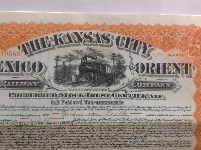 Mexico and Orient Railway Company Kansas City Stock Certificate