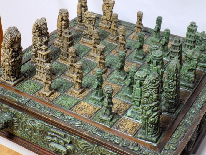 Antique Aztec chess board - handmade from volcanic rock and wood