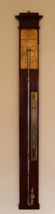 Atelier L.M. Bordeaux - antique stick barometer and thermometer on wood. Solid brass scale.