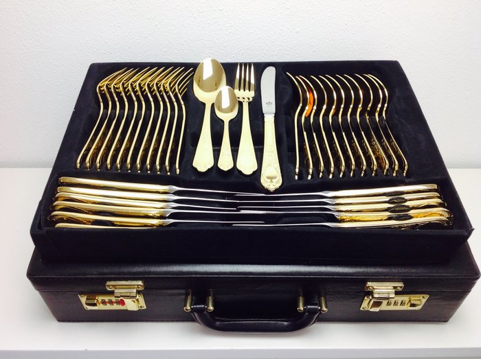 SBS Solingen - 12 person cutlery case 72-part - model "Barok'', 24 carat plated

