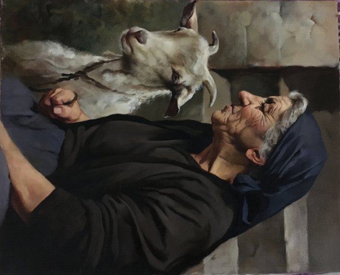 Gianni Strino (1953- ) - Portrait of peasant woman with a goat