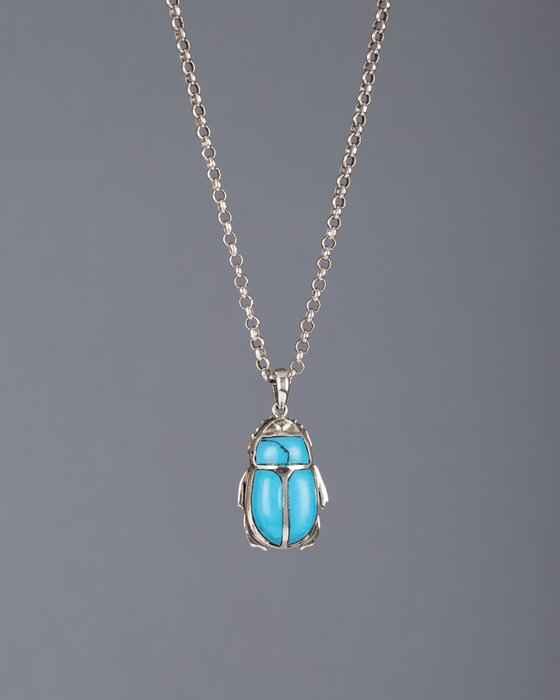 Egyptian scarab necklace made of Silver and natural turquoise