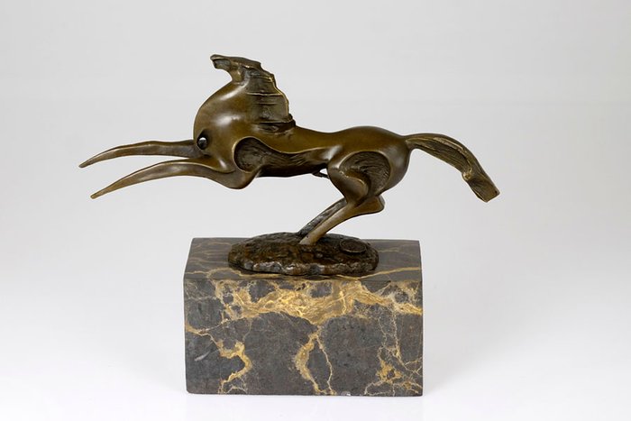 Bronze sculpture of futuristic horse on a flamed marble pedestal

