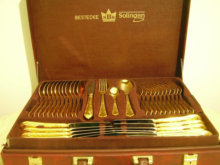 Cutlery SBS Solingen 12 people 18/10 stainless 23 carat hard gold plated - 69 pieces in the original cutlery suitcase
